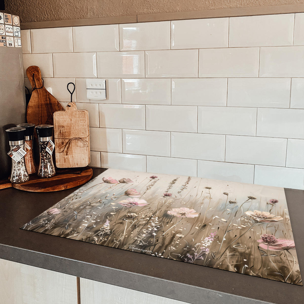 HERDABDECKPLATTE Blumen - Beige - Trockenblumen 75x52 cm - Beige, Kunststoff (75/52/0.2cm) - MuchoWow