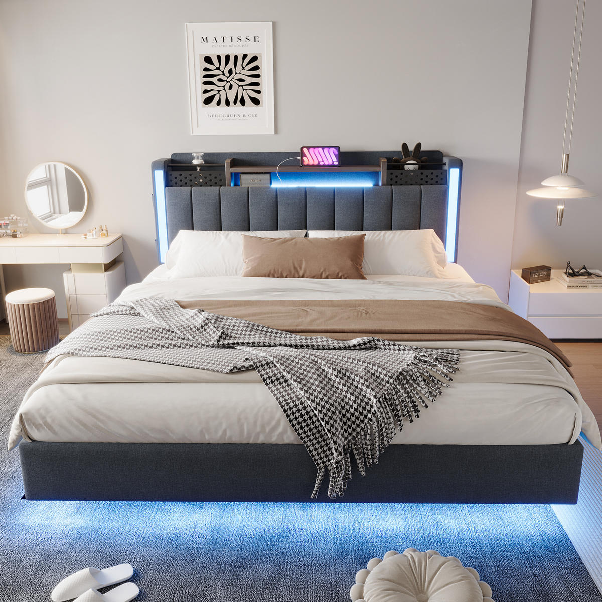 POLSTERBETT 160/200 cm grau aus Leinenstoff mit LED und USB-Anschluss mit Stauraum - Grau, Textil (160/200cm) - OKWISH