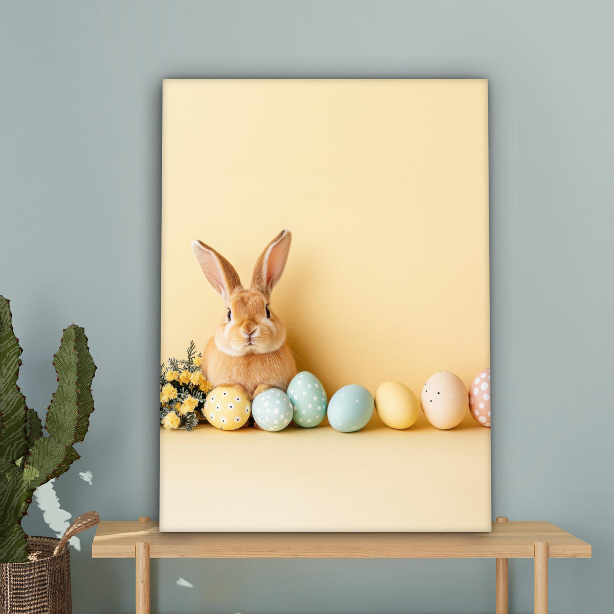 LEINWANDBILD Eier - Kaninchen - Pastellfarbtöne Wandbild Wohnzimmer 60x80 cm - Hellgelb, Textil (60/80cm) - MuchoWow
