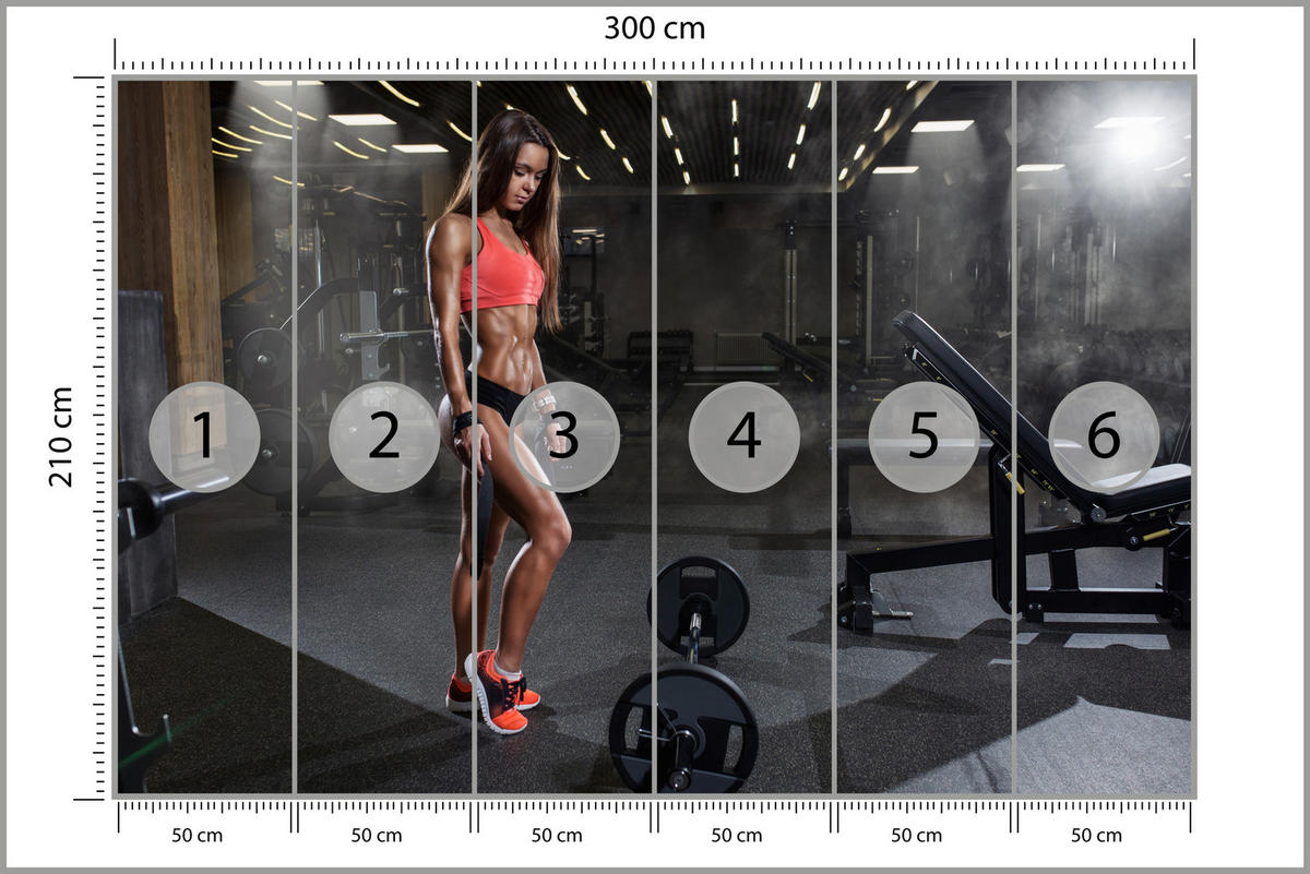 FOTOTAPETE Fit Frau Gym Langhantel Kraft Sport Fitnessstudio 300x210 - Schwarz/Braun, Papier (300/210cm) - Muralo