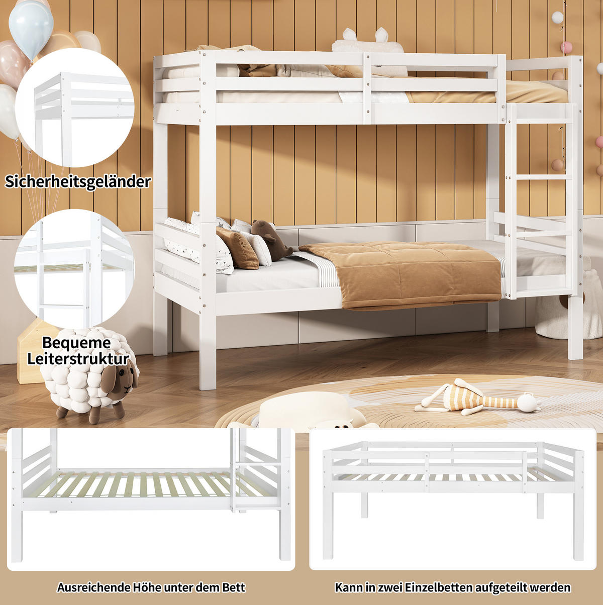 ETAGENBETT 90/200 cm in Weiß mit Absturzsicherung und teilbaren Einzelbetten - Weiß, Holzwerkstoff (90/200cm) - OKMYHOME