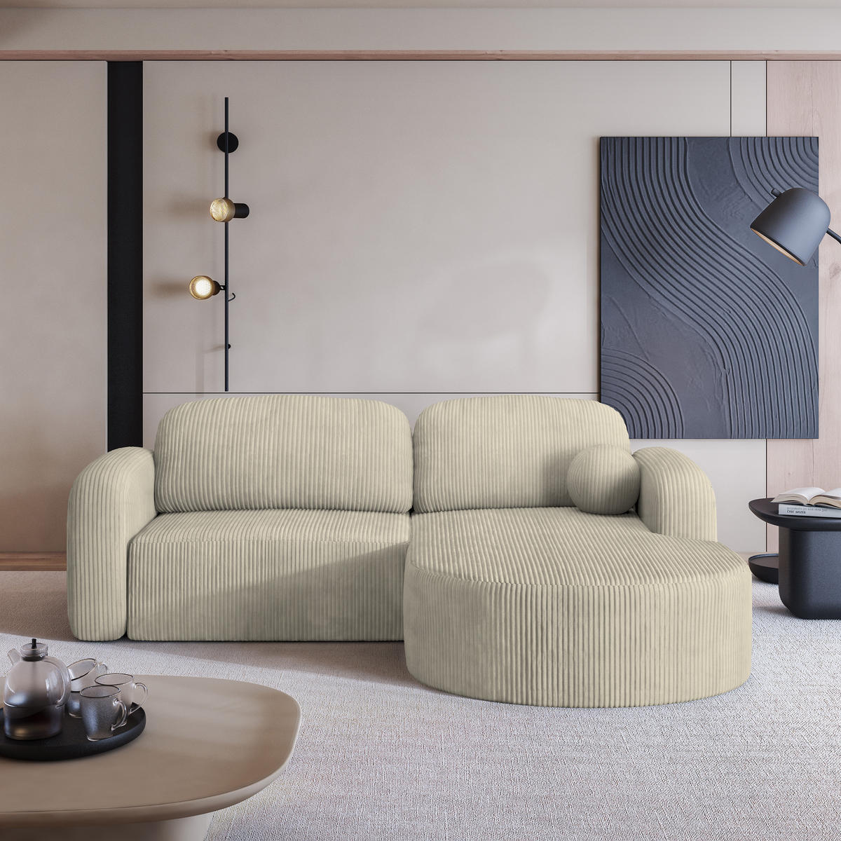 ECKSOFA AMILIA P R-S Creme Kordstoff mit Schlaffunktion - Creme, Holz (263/174cm) - MASSENO