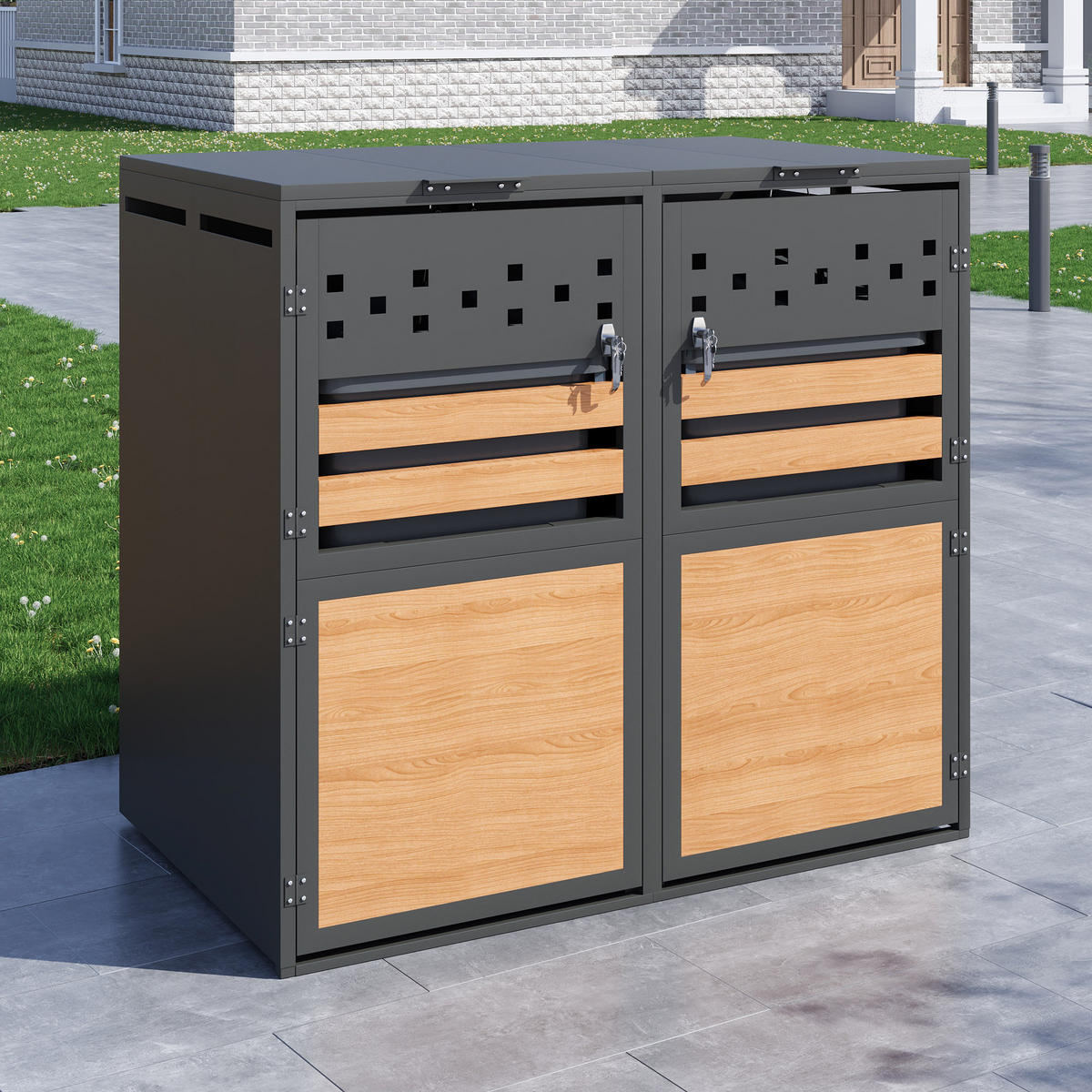 MÜLLTONNENBOX aus Stahl in Grau/Holzoptik mit hydraulischem Klappdeckel 132x80x120 cm - Grau, Metall (132/120/80cm) - Modfu