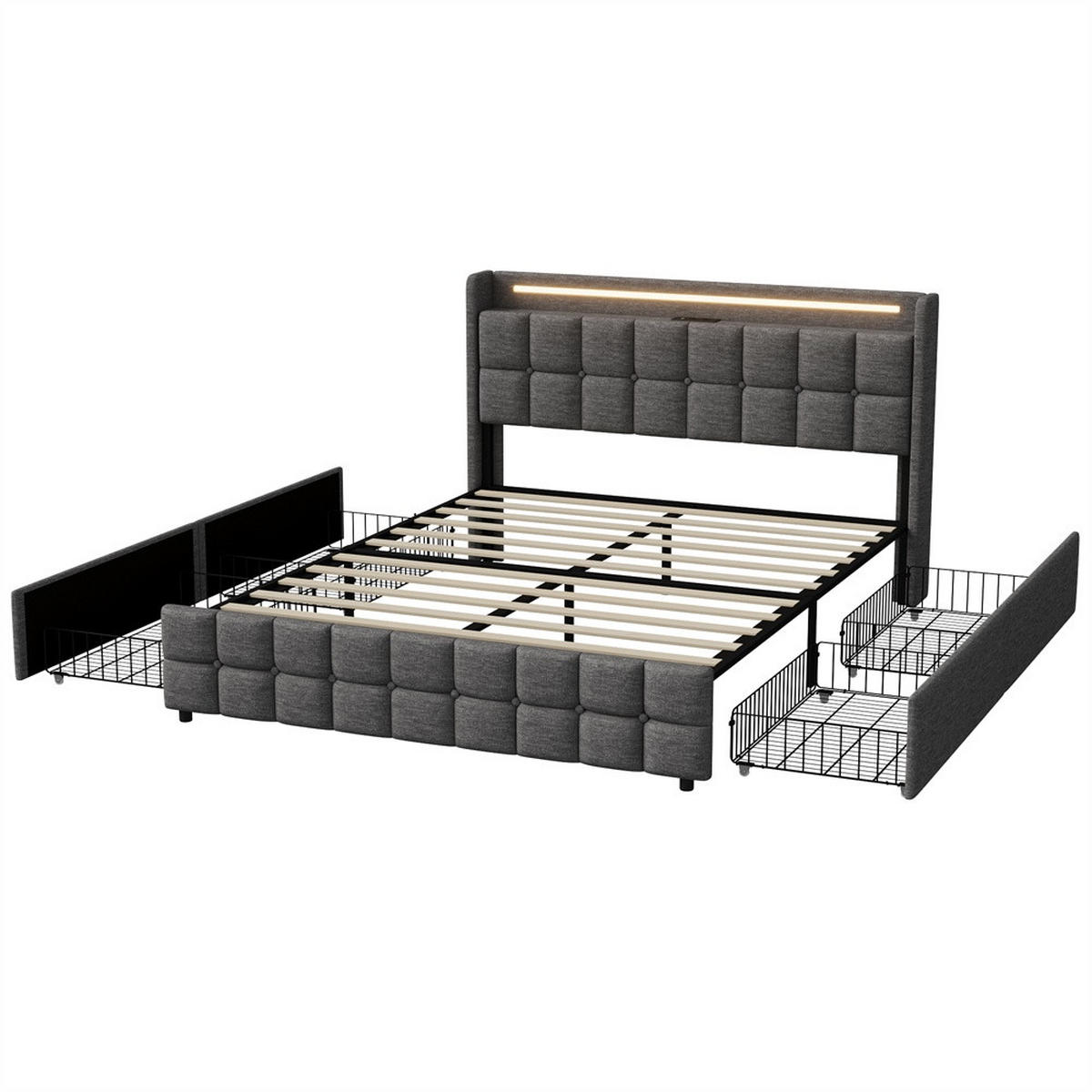 POLSTERBETT 160x200 cm Square Smart mit RGB-LED, EU-Steckdosen & USB-Ports, 4 Schubladen, Leinen-Optik, Dunkelgrau - Grau, Textil (160/200cm) - DELFA