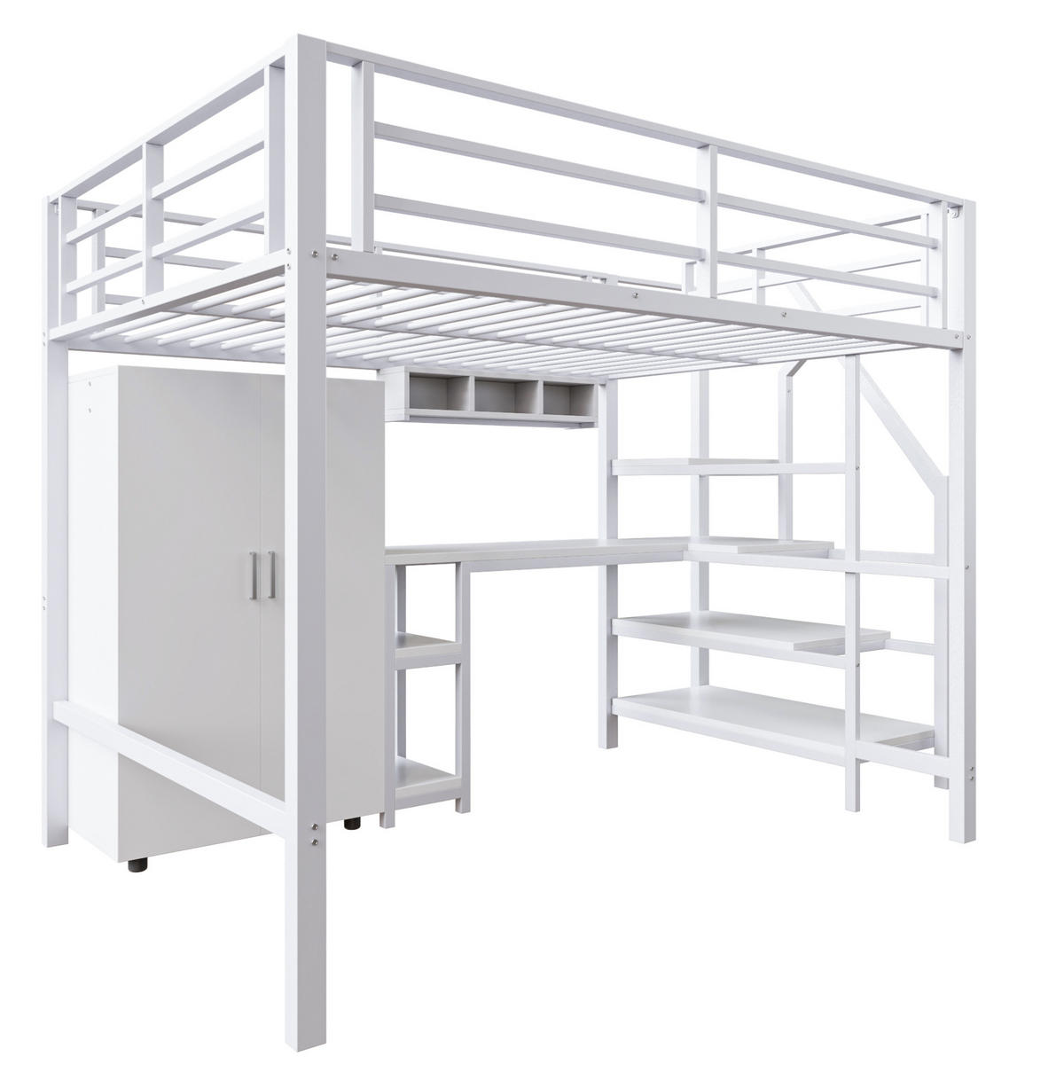 HOCHBETT 140/200 cm mit Kleiderschrank, Regalen, Ablageleiter, Schreibtisch und Metallrahmen, Weiß - Weiß, Metall (140/200cm) - Redom
