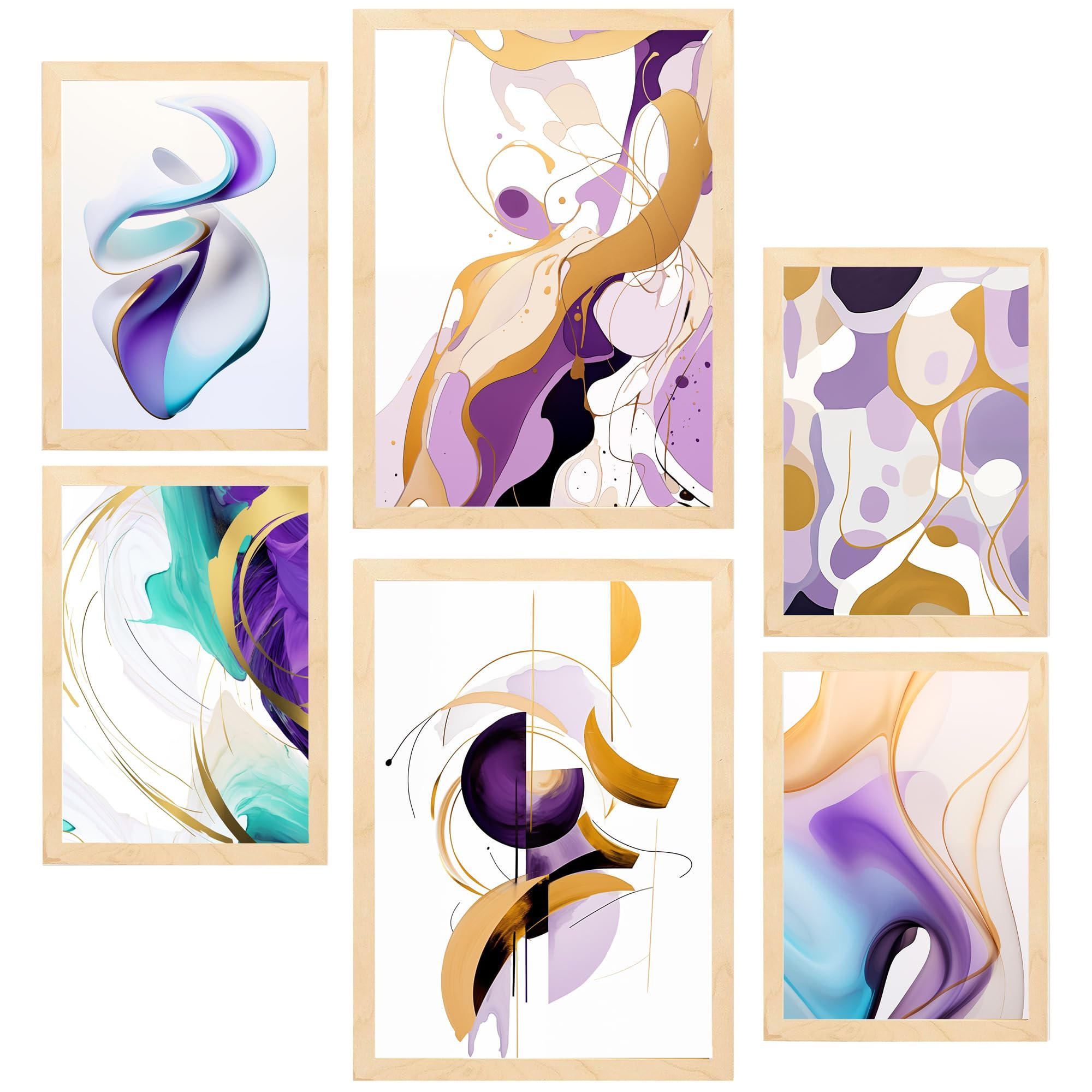 POSTER Set Mit 6 Lila Flieder A3 & A4 Rahmen Aus Hellem Holz - Beige, Papier (29/3/42cm) - Nacnic
