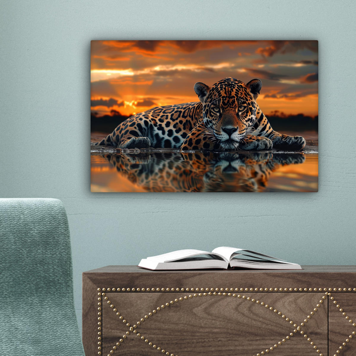 LEINWANDBILD Natur - Leopard - Tier - Sonnenuntergang - Modern Deko Schlafzimmer 30x20 cm - Orange, Textil (30/20cm) - MuchoWow
