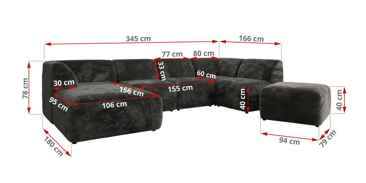 WOHNLANDSCHAFT MODARO U 6M - Dunkelgrau Plüsch - Links - Dunkelgrau/Schwarz, Textil (180/78/345cm) - MKS
