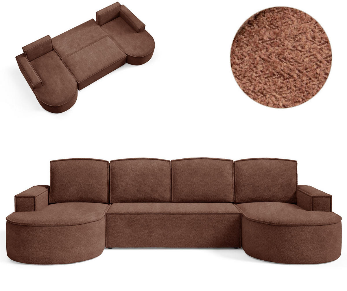 ECKSOFA MOLLY U Freistehendes, mit Schlaffunktion, 140x273cm, Bettkasten und Abnehmbaren Kissen – 316x157x88cm, Abriamo Stoff, Braun - Braun, Holz/Textil (316/157cm) - DomoHome