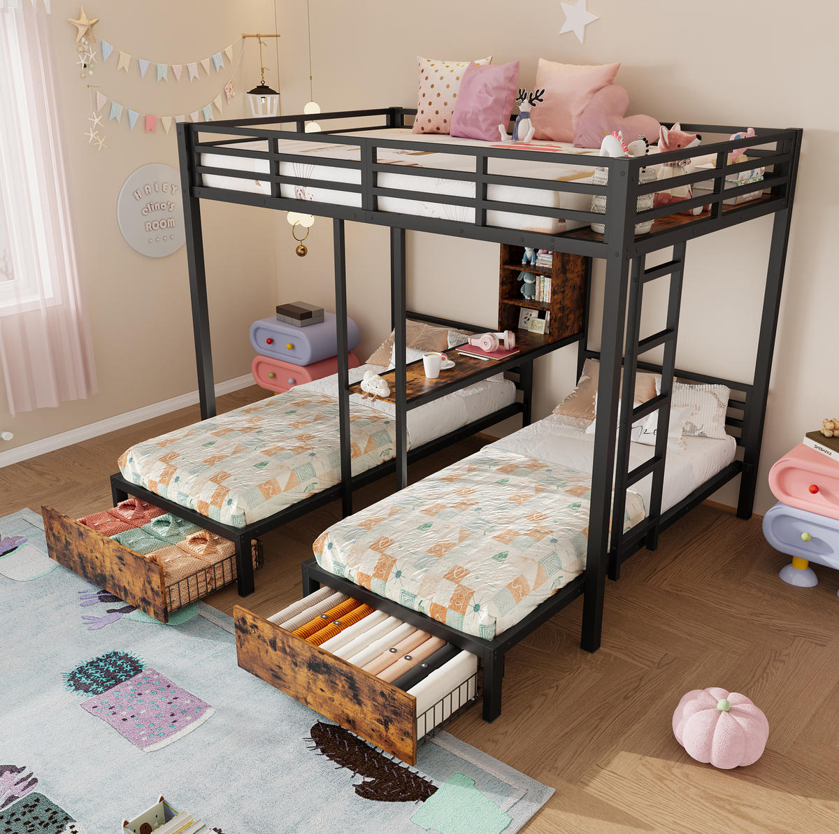 ETAGENBETT 140/200 cm + 90/200 cm in Schwarz mit 3 Schlafplätzen und Stauraum - Schwarz, Holzwerkstoff (140/200cm) - Flora Grace