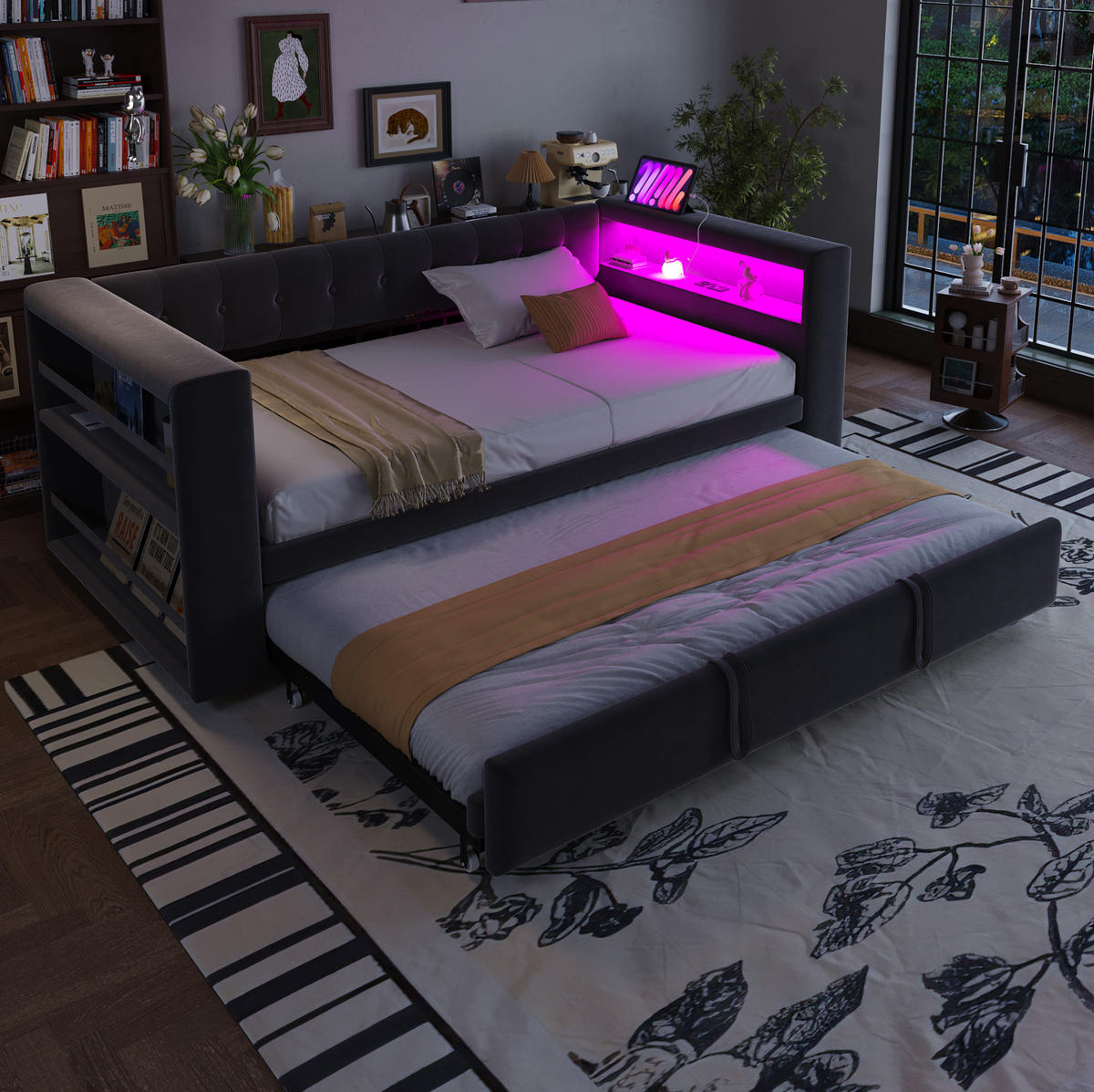 POLSTERBETT 90/180 x 190 cm aus Flannelette mit LED und Stauraum Dunkelgrau/Hellgrau - Dunkelgrau, Textil (90/180cm) - Modenvie