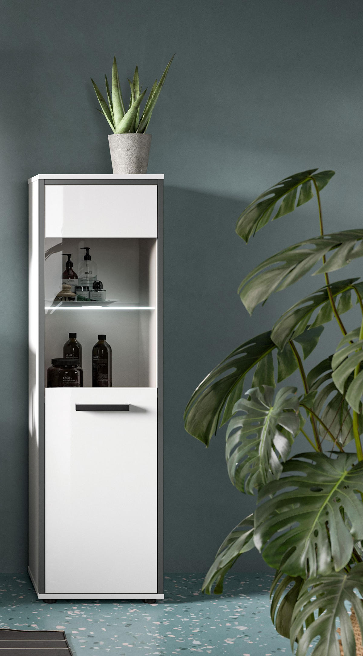 BADSCHRANK KOJAK (B/H/T: ca. 40/139/34 cm) in weiß/weiß hochglanz - Weiß, Holzwerkstoff (40/139/34cm)