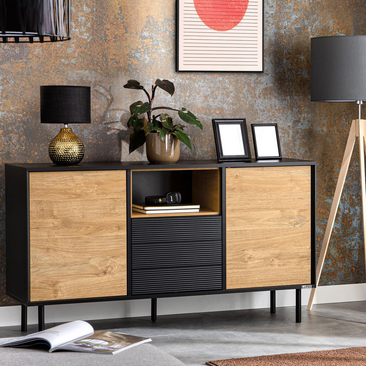 KOMMODE LOFTY TV/HiFi-Einlage, schwarz / Eiche natur - Eichefarben/Multicolor, Holzwerkstoff (151/84/41cm) - KONSIMO®