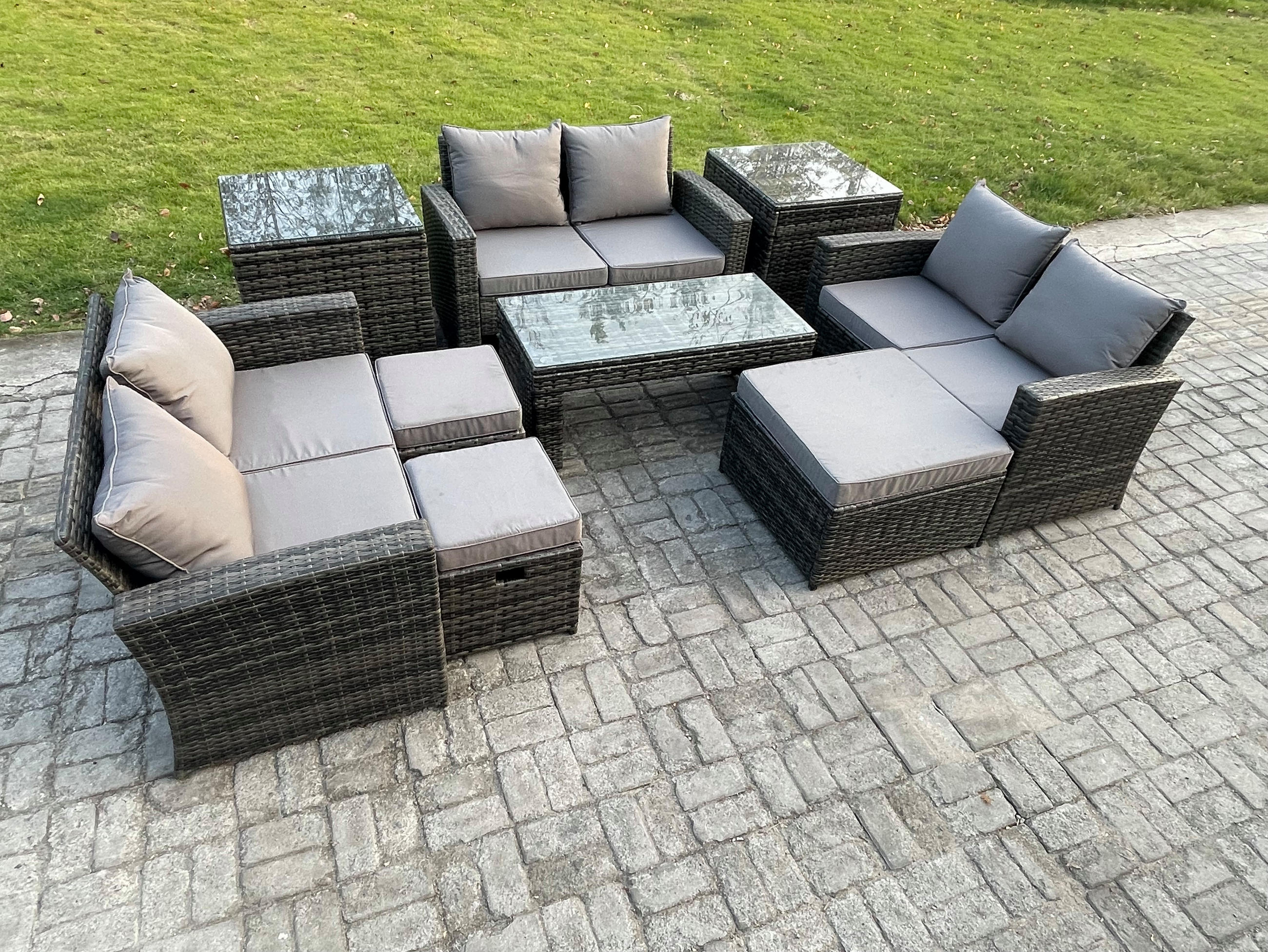 GARTENGARNITUR Polyrattan Dunkelgrau 9-Sitzer - Dunkelgrau, Metall - Fimous