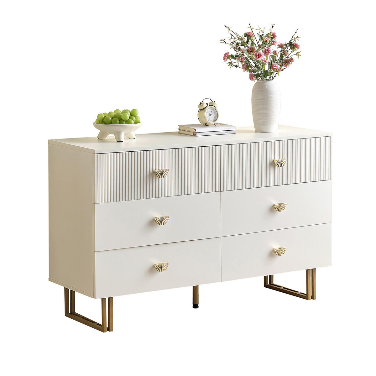 SIDEBOARD mit 6 Schubladen, weißes MDF und goldfarbene Zinkgriffe, 120/40/75 cm,weiß - Weiß, Holzwerkstoff (120/75/40cm) - Redom