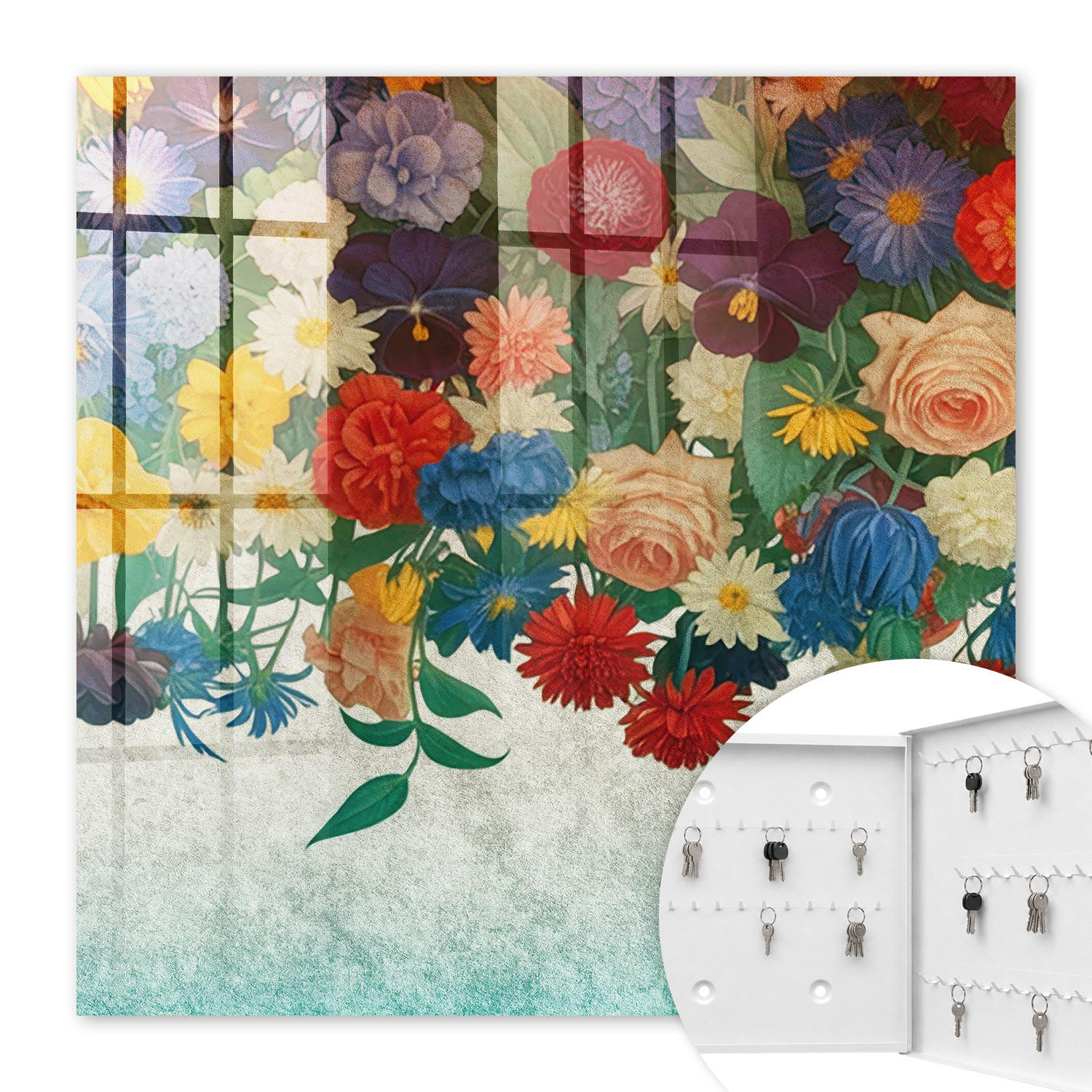 SCHLÜSSELBOX Weiß 30x30 cm – Türöffnung nach rechts - Blumenparadies - Grün, Metall (30/30/5cm) - TULUP