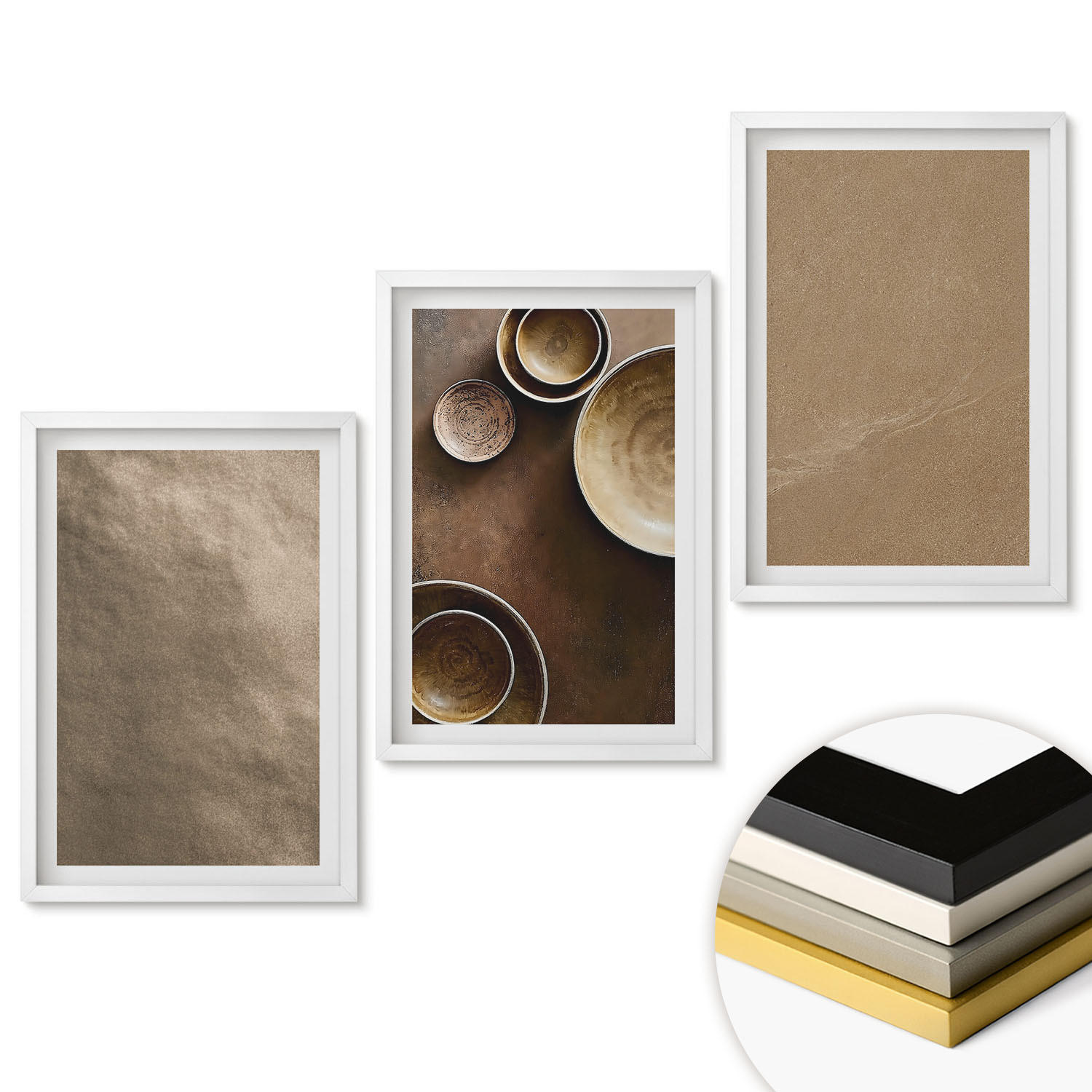 WANDBILDER 3er-Set - 40x60 cm Weißer Rahmen - Minimalistische Steinstrukturen - Weiß, Kunststoff (40/60cm) - ArtPrintCave