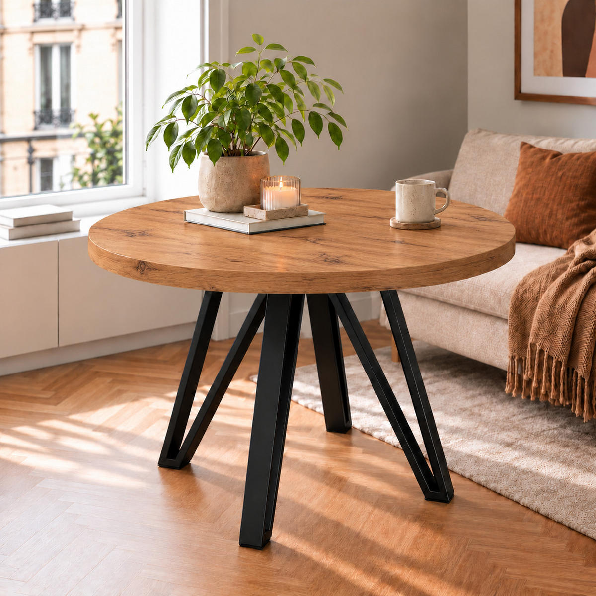 ESSTISCH rund ausziehbar 90/190/76 cm, Eiche Craft, 54 cm Tischplatte + Industrial Metallgestell Schwarz - Eichefarben/Schwarz, Holzwerkstoff/Metall (90/190/76cm) - Damale Möbel