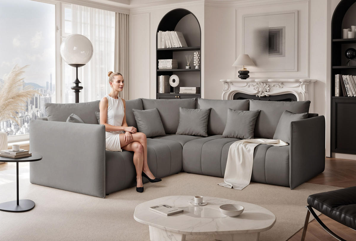 ECKSOFA OLIMPIA mit Schlaffunktion und Bettkasten Grau - Grau, Holzwerkstoff/Kunststoff (235/230cm) - Idohome