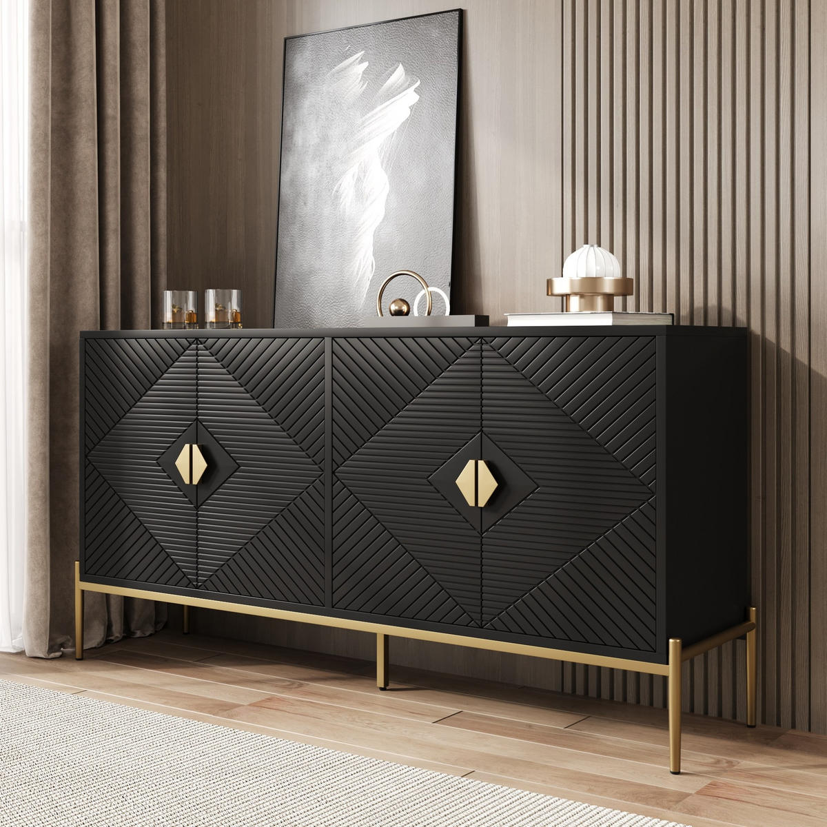 KOMMODE aus MDF & Spanplatte 162x40x80cm in Schwarz - Schwarz, Holzwerkstoff (162/80/40cm) - Modfu