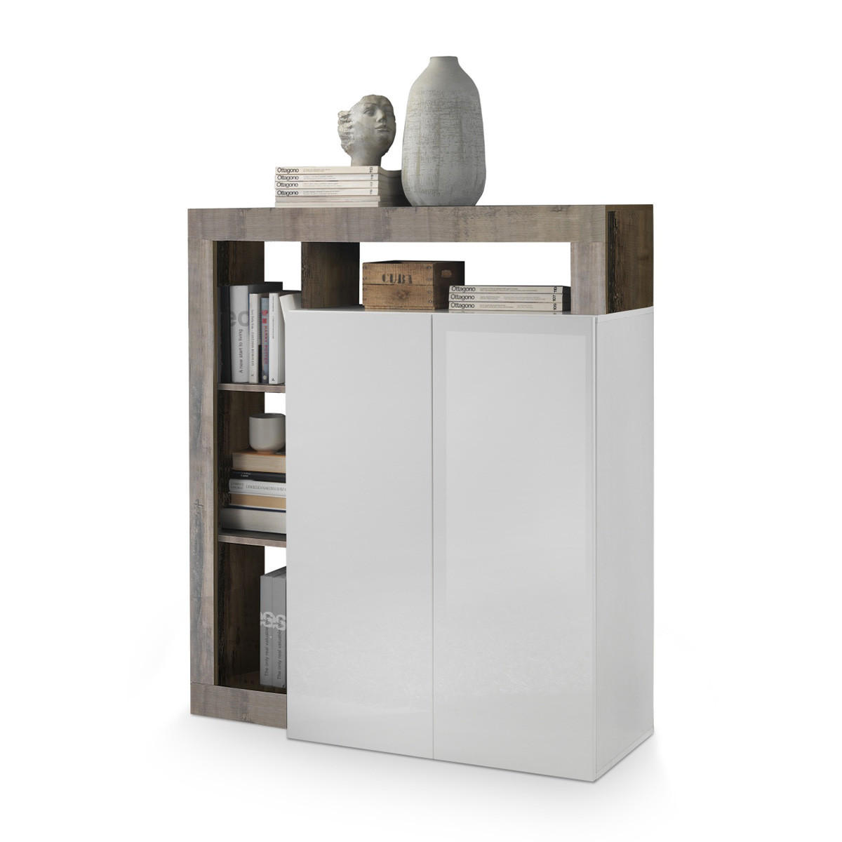 BUFFETSCHRANK mit 2 Türen Frankfurt - L108 cm - Weiß/Grau, Holzwerkstoff (108/127/42cm) - Calicosy