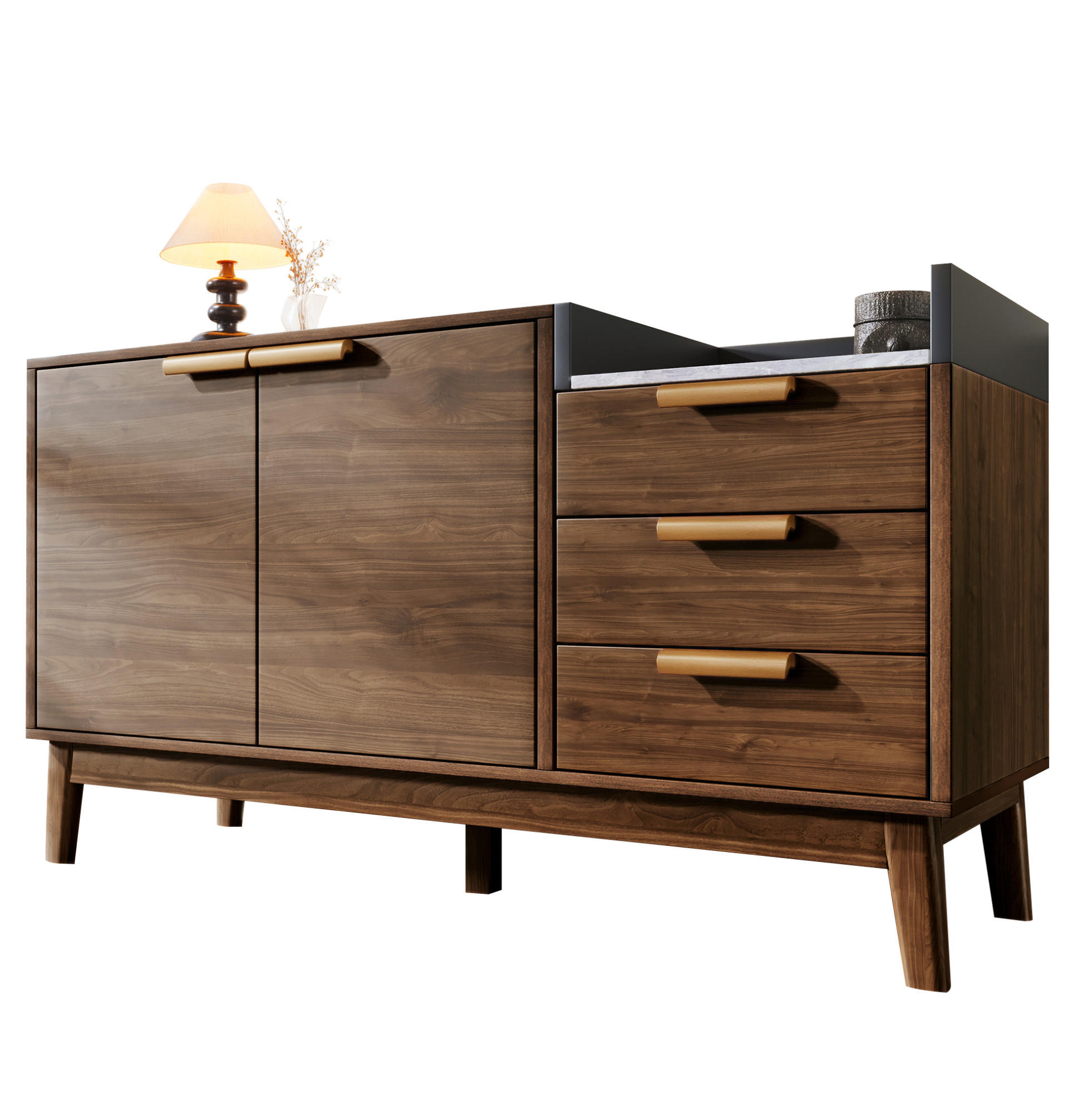 SIDEBOARD aus Holz und Metall 120x40x77 cm Dunkle Eiche mit 3 Schubladen, Doppeltürschrank und offener Ablage - Eichefarben, Holzwerkstoff (120/77/40cm) - Modfu