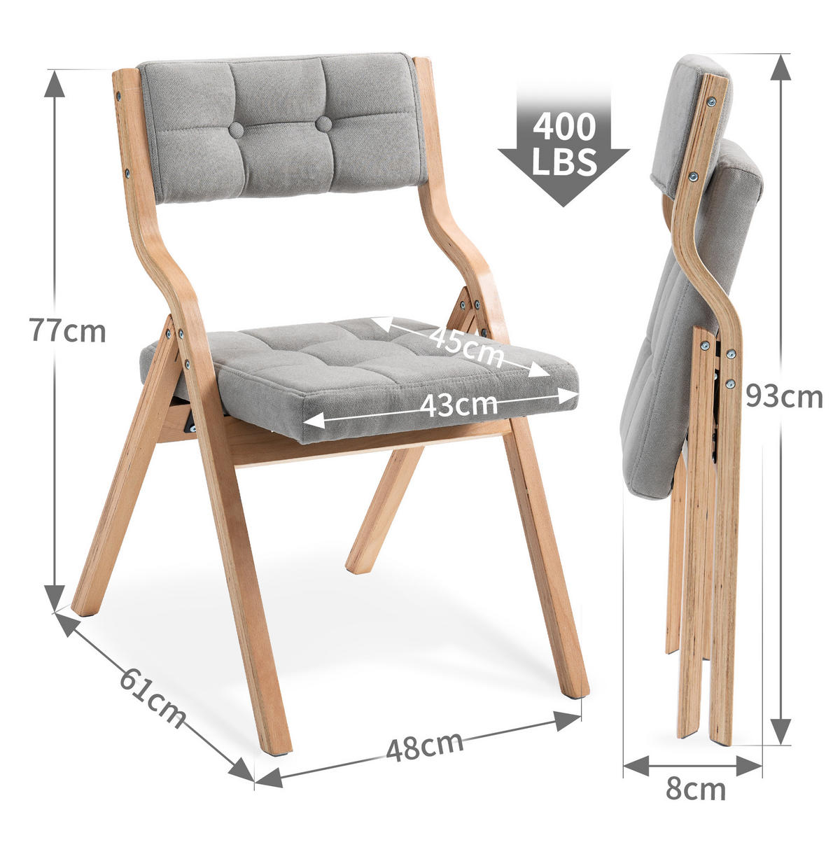 FALTSTÜHLE 2er-Set Grau mit gepolstertem Sitz - Grau, Holz (48/77/61cm) - MIVRAY