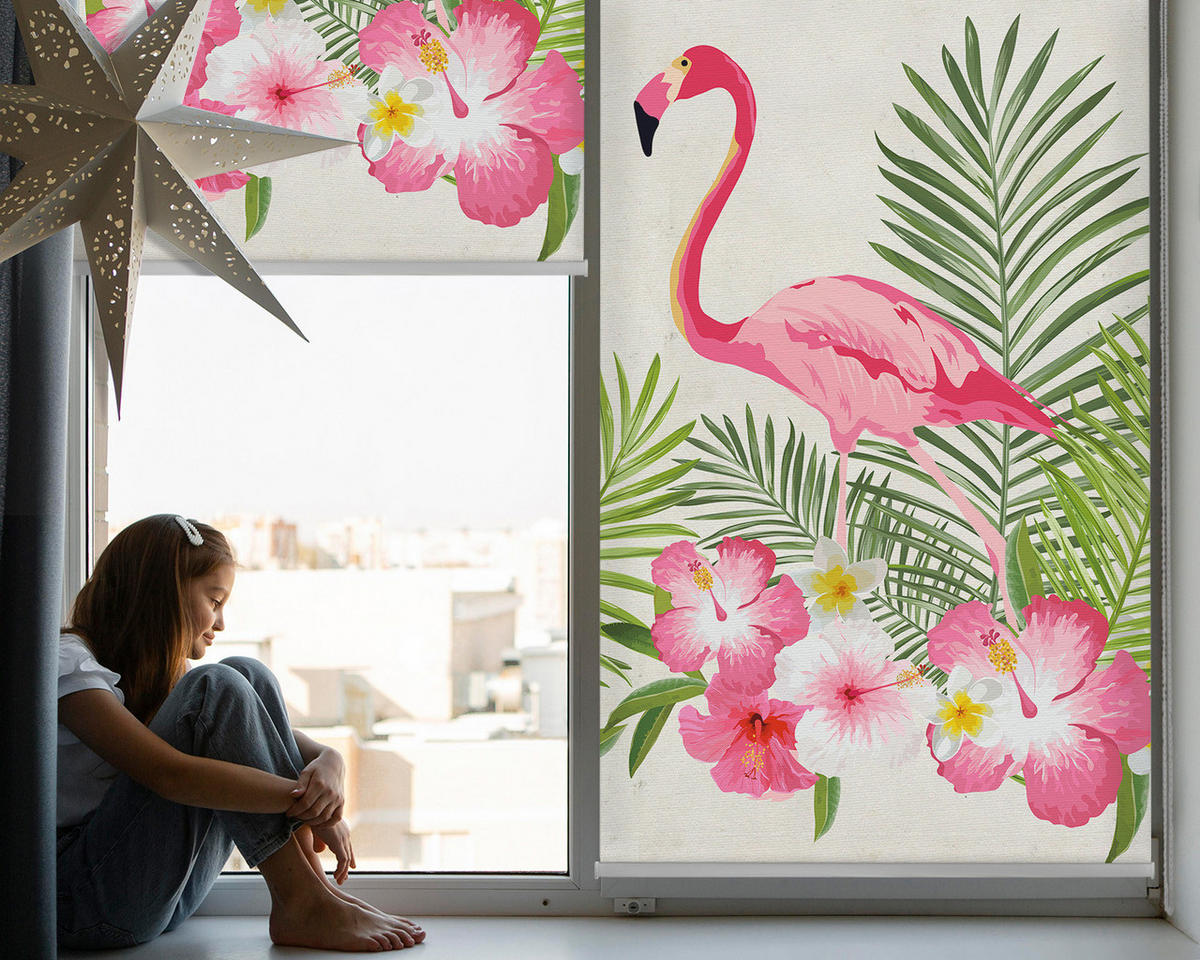 VNÚTORNÁ roleta - okenná roleta - roleta - 130x140 cm - Plameniaky na listoch - pink, plast (130/140/0.5cm) - TULUP