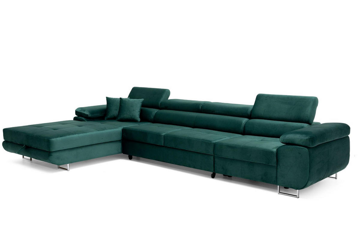 ECKSOFA ALONZO MAXI Links mit Schlaffunktion 125x195 Velours Grün - Silberfarben/Grün, Holz/Textil (350/203cm) - Muffo