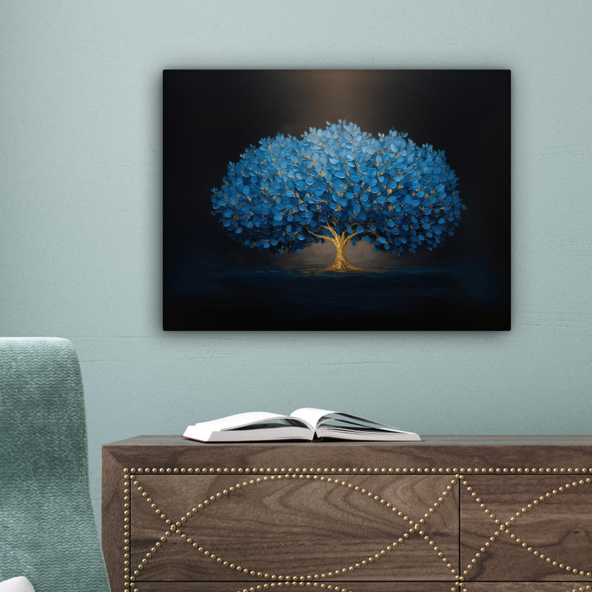 LEINWANDBILD Baum - Blau - Blätter - Pinselstriche Wandbild 40x30 cm - Blau, Textil (40/30cm) - MuchoWow