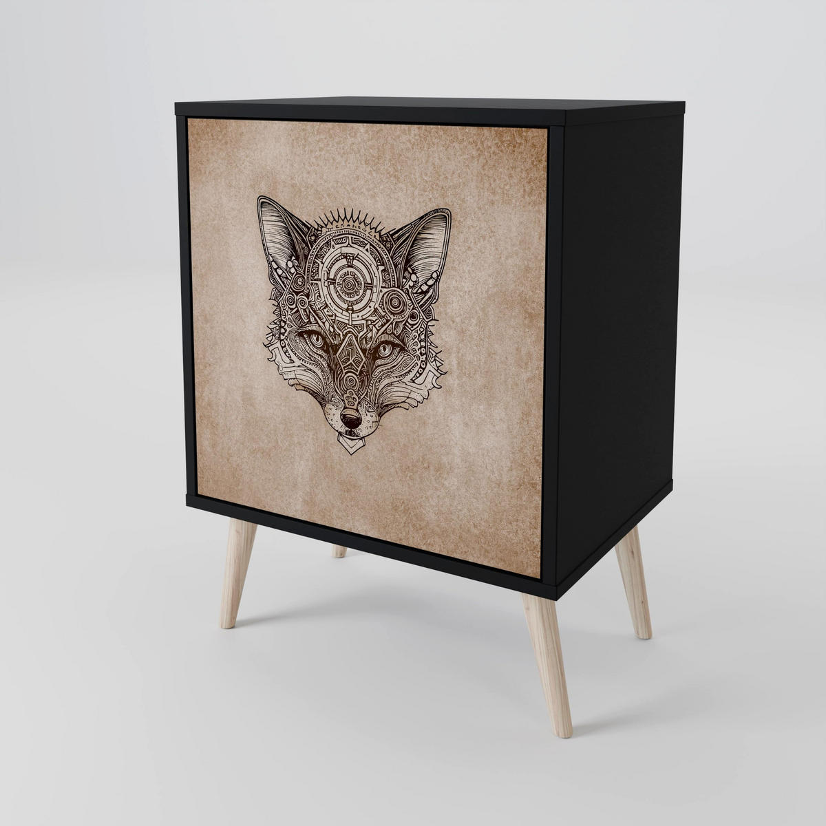 SIDEBOARD STEAMPUNK CLAN, Schwarz, 57,5x42x75,5 cm, Goldfarbene Metallfüße - Goldfarben/Multicolor, Holzwerkstoff/Metall (57.5/75.5/42cm) - SpaceRebels