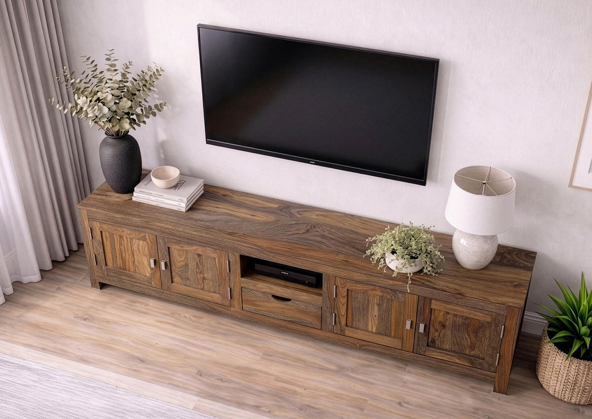 TV-BOARD Sheesham 220x45x56 grau geölt NATURE GREY #38 - Grau, Holz (220/56/45cm) - Massivmoebel24