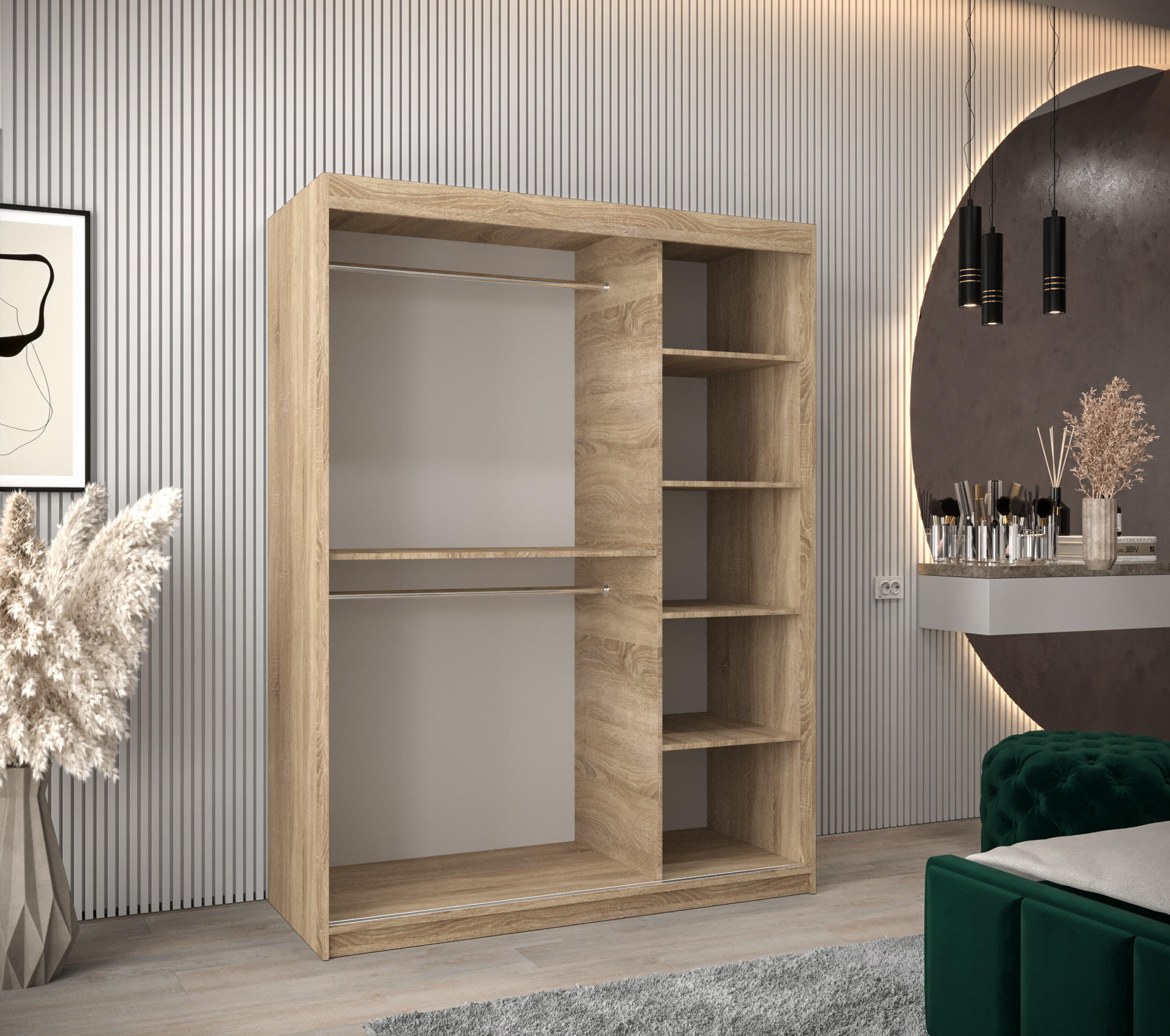Thumbnail - Möbel Kryspol Schwebetürenschrank, Sonoma Eiche, Kunststoff, Nachbildung, 5 Fächer, 150x200x62 cm, Schlafzimmer, Kleider...