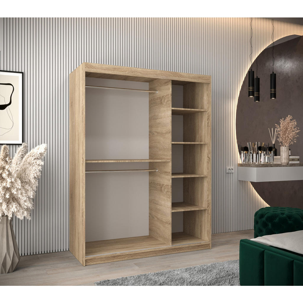 Thumbnail - Abiks Möbel Schwebetürenschrank, Sonoma Eiche, Weiß, Kunststoff, Nachbildung, 5 Fächer, 150x200x62 cm, Schlafzimmer, Kle...