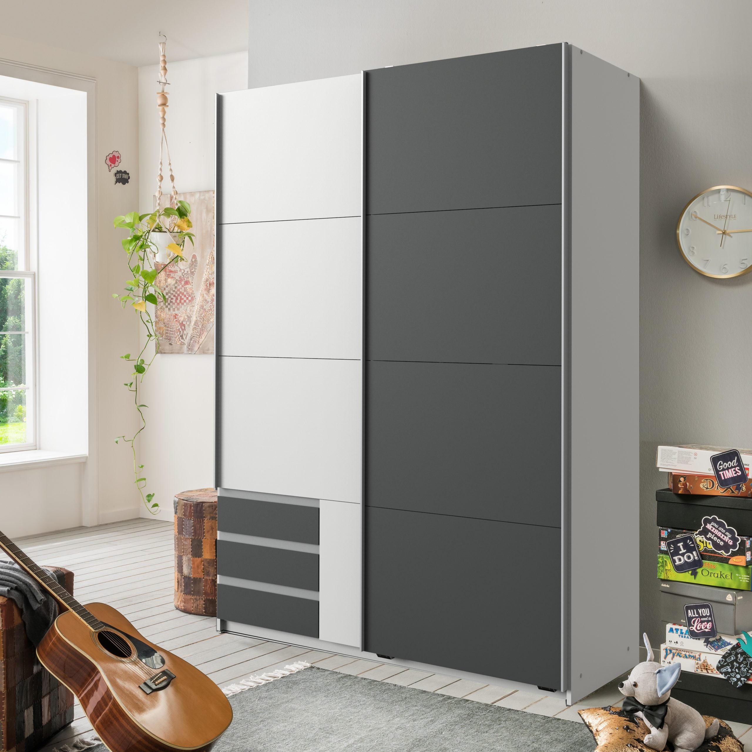 KLEIDERSCHRANK Emden in Weiß mit Graphit - Schwebetürenschrank Breite 135 cm ohne Spiegel - Weiß, Holzwerkstoff (135/198/65cm)