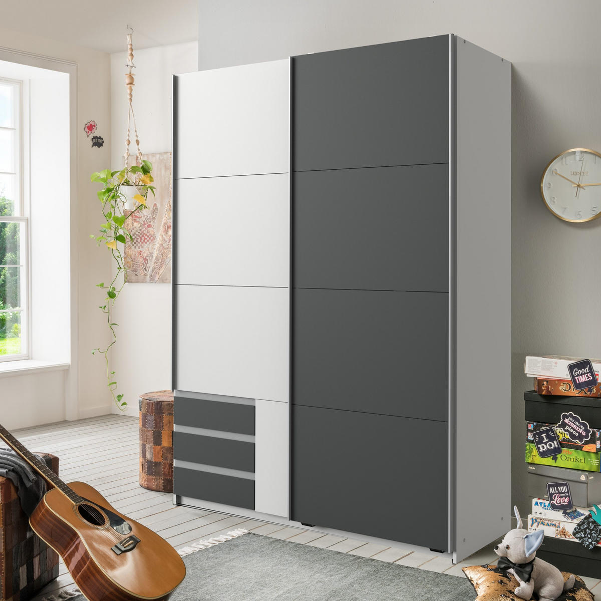 KLEIDERSCHRANK Emden in Weiß mit Graphit - Schwebetürenschrank Breite 135 cm ohne Spiegel - Weiß, Holzwerkstoff (135/198/65cm)