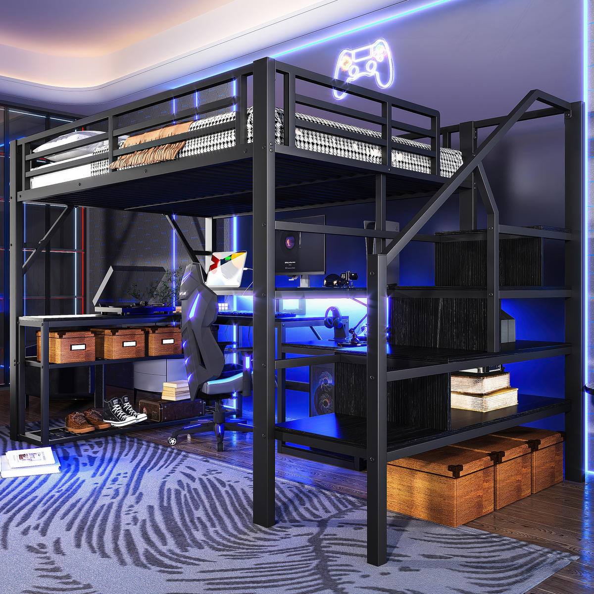 HOCHBETT 140/200 cm aus Metall und MDF mit Schreibtisch, LED-Beleuchtung und Stauraumtreppe Schwarz - Schwarz, Metall (140/200cm) - Modenvie
