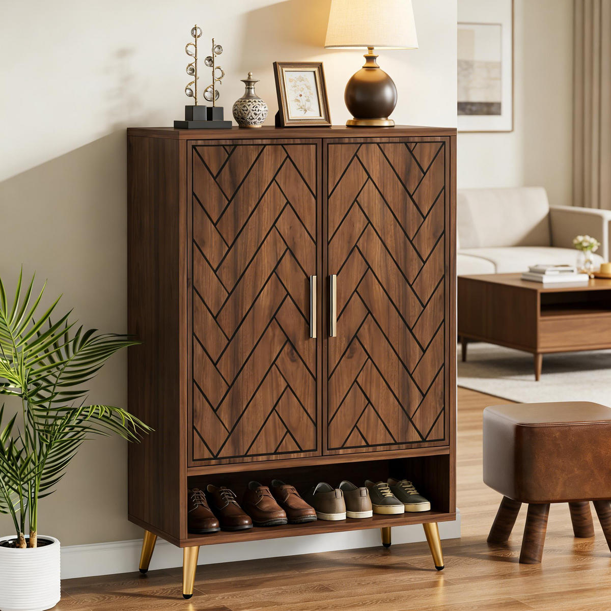 SCHUHSCHRANK mit 7 Ebenen, Chevron-Muster, Nussbaumoptik - Walnussfarben, Holzwerkstoff (75/110/35cm) - Urban Meuble