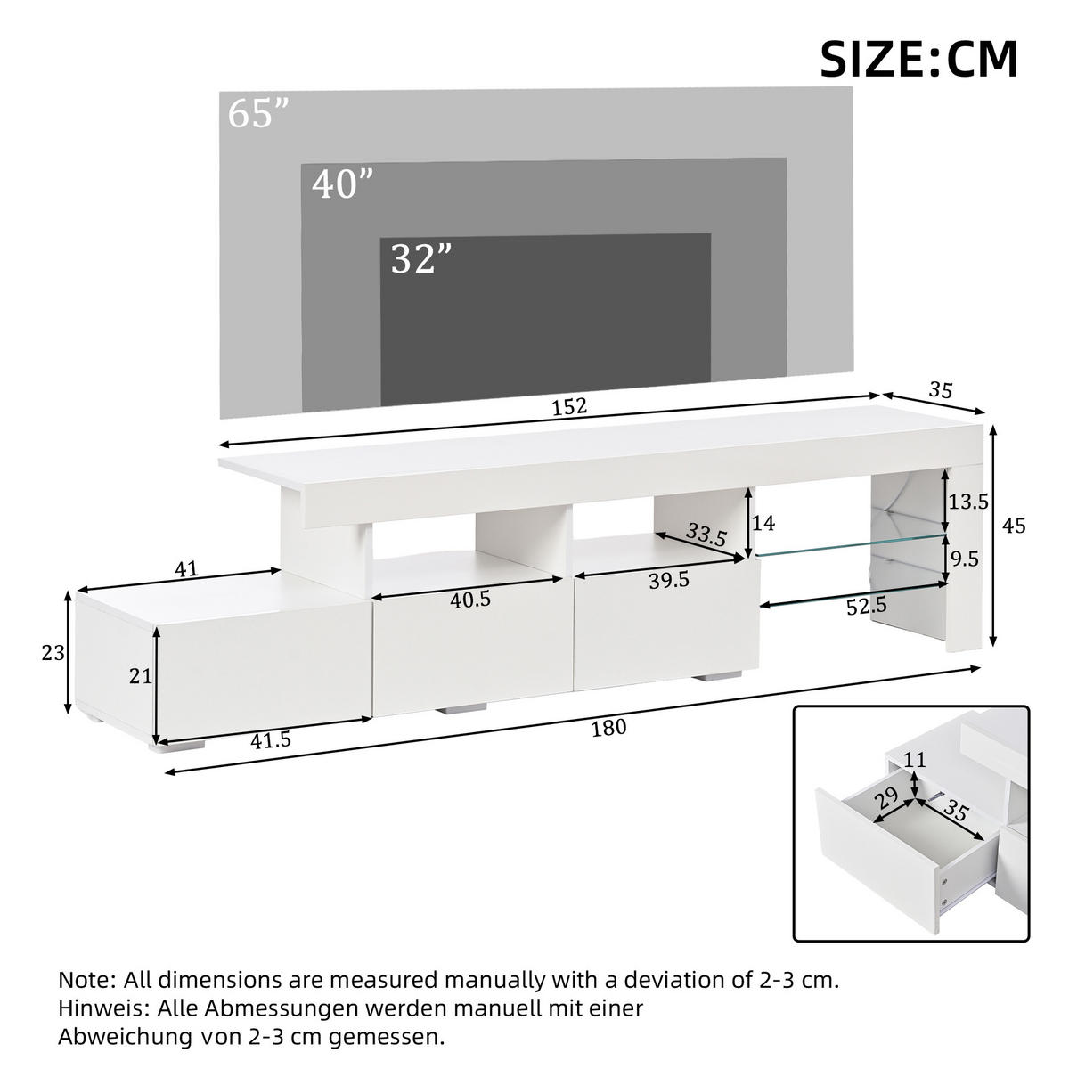 TV-SCHRANK LED Hochglanz 3 Schubladen 180cm Weiß - Weiß, Holzwerkstoff (180/45/35cm) - FLIEKS