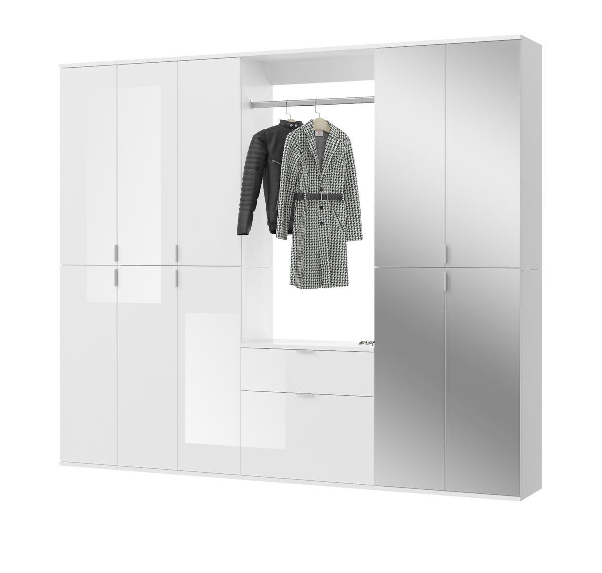 GARDEROBENSCHRANK weiß Hochglanz 213 cm mit Spiegel, Flurgarderobe - Chromfarben/Weiß Hochglanz, Glas/Holzwerkstoff (213/193/34cm) - Inn.Furn