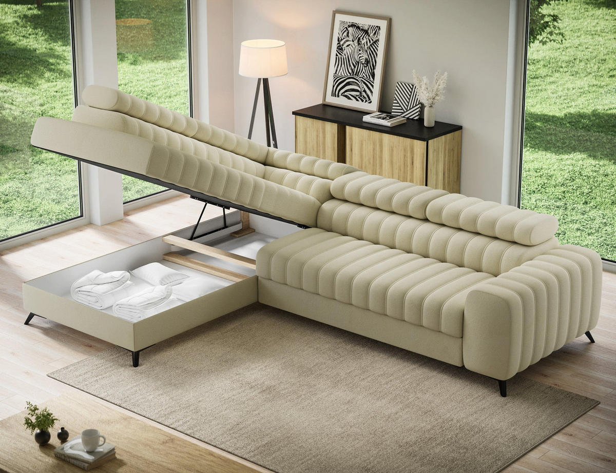 KANEDO Ecksofa mit Schlaffunktion und Bettkasten – Modernes Designsofa, verstellbare Kopfstützen, Metallfüße - Beige, Kunststoff (269/86cm) - Wohnideebilder