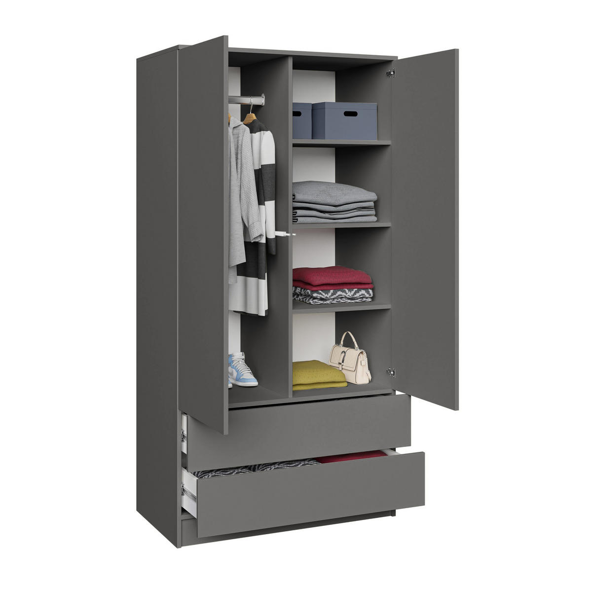 DREHTÜRENSCHRANK Look mit 2 Türen und Schubladen, 90 cm, graphitfarben - Graphitfarben, Holzwerkstoff (90/180/50cm) - Beautysofa