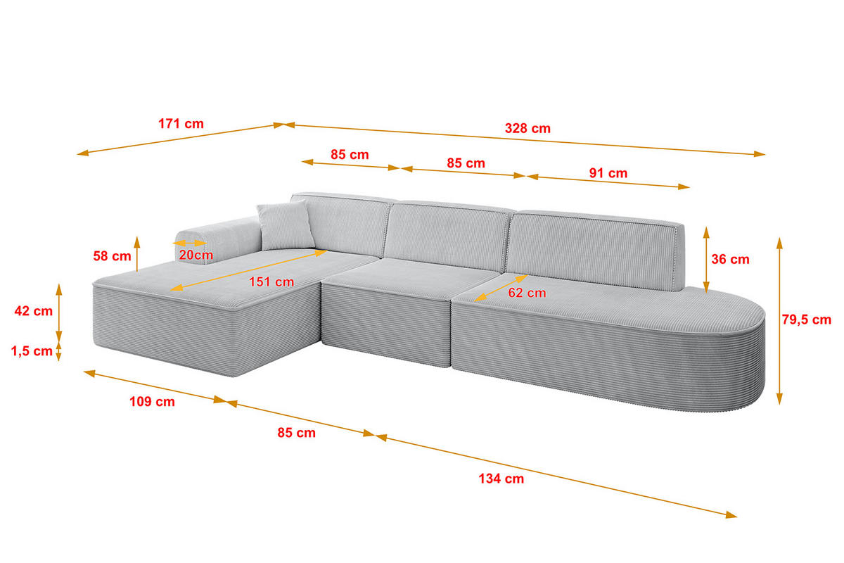 ECKSOFA Ottomane Links IREA-L2-v3 - 328x171x79 cm Grau - Hellgrau/Grau, Holzwerkstoff/Textil (328/171cm) - ALTDECOR
