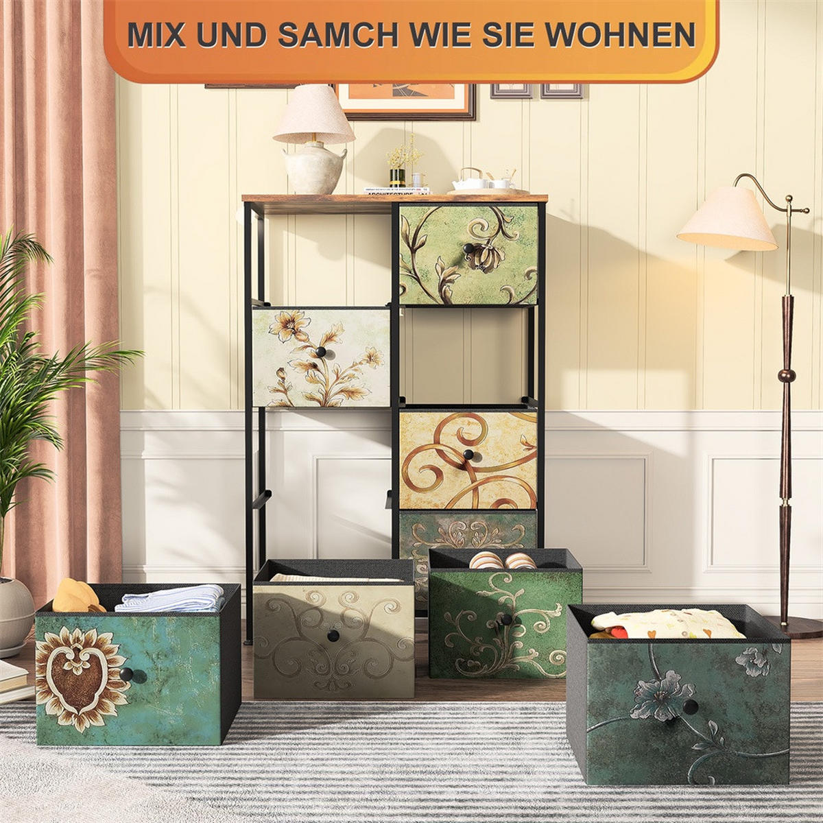 KOMMODE mit 8 Schubladen - bunte Vintage-Muster und Schwarzer Griff - Mehrfarbig - Multicolor, Metall (67.5/100/30cm) - DELFA