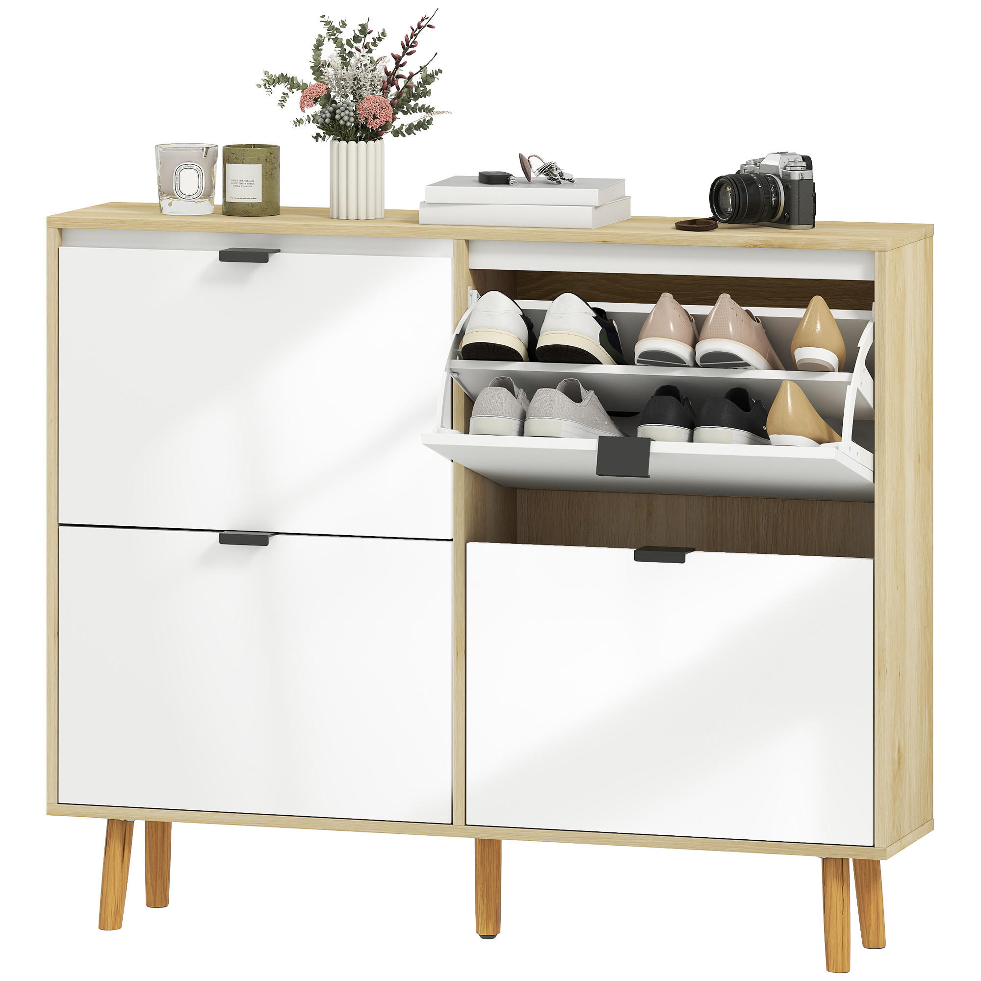SCHUHSCHRANK, schmaler Schuhschrank, 4 Klappschubladen, Hochglanztür, 105 x 24 x 92,5 cm, weiß - Weiß, Holzwerkstoff (105/92.5/24cm) - HOMCOM