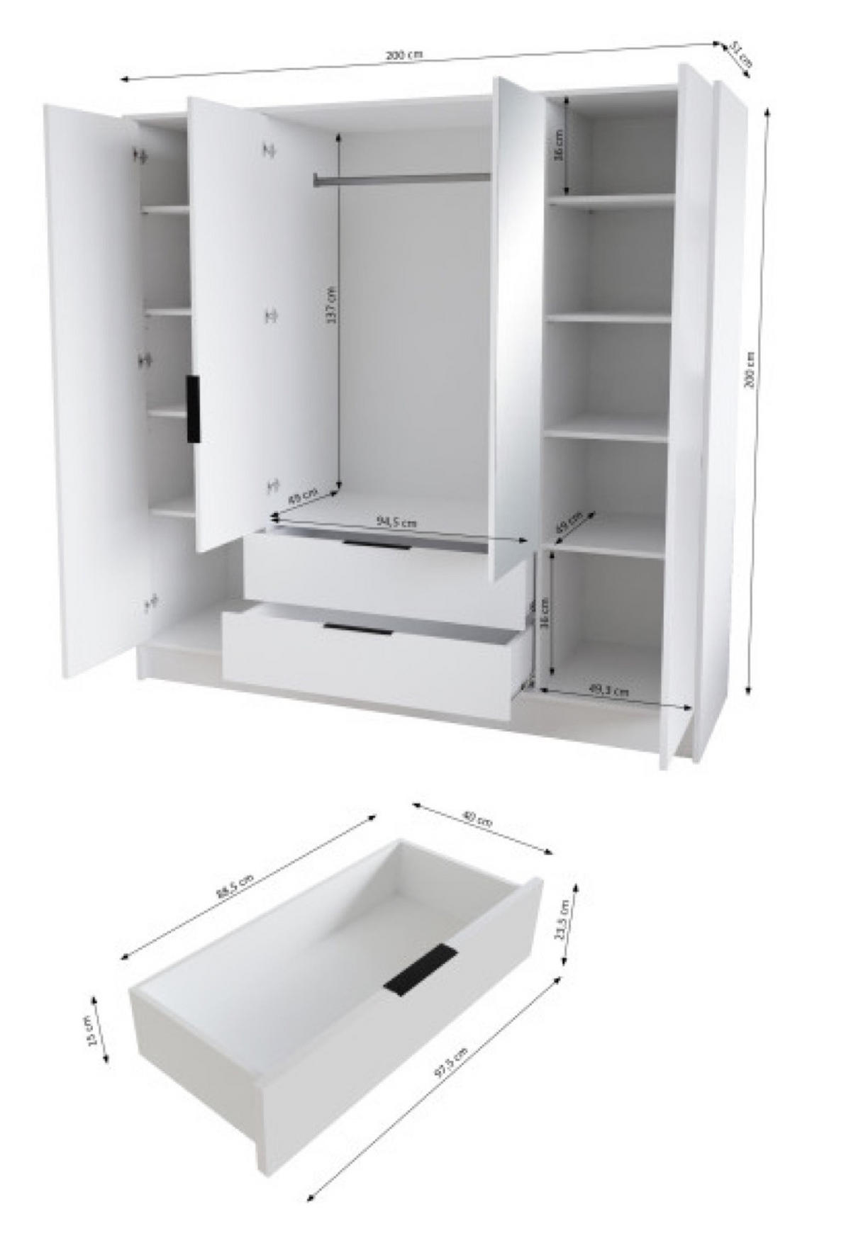 SCHRANK Weiß Nikola Mit Spiegel Und Verstellbaren Regalen - Schwarz, Holzwerkstoff (200/200/51cm) - Sepro Meble