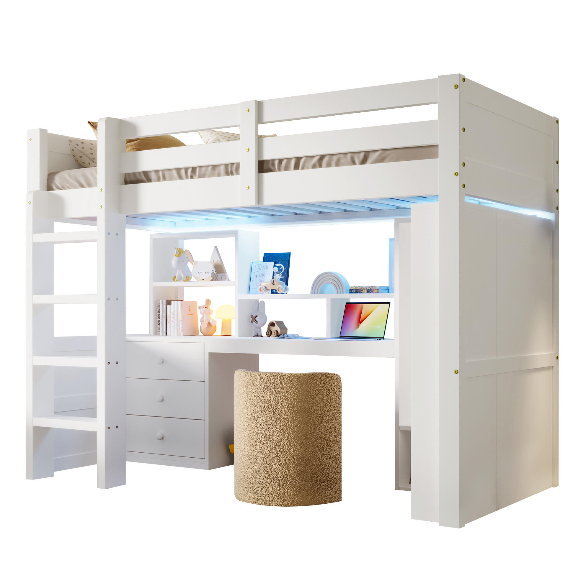 HOCHBETT 90/200 cm in Weiß – mit Schreibtisch, Kleiderschrank und LED - Weiß, Holzwerkstoff (90/200cm) - BEAOK