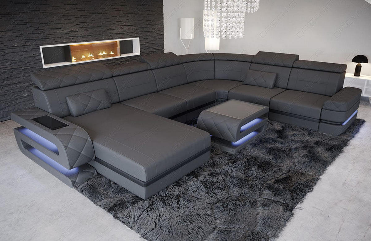 WOHNLANDSCHAFT Bologna Grau Schwarz Echtleder - Grau, Leder (397/89/299cm)