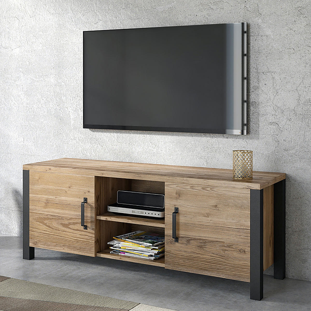 TV-LOWBOARD - Fichtefarben/Schwarz, Holzwerkstoff/Kunststoff (147/57/43cm) - home24