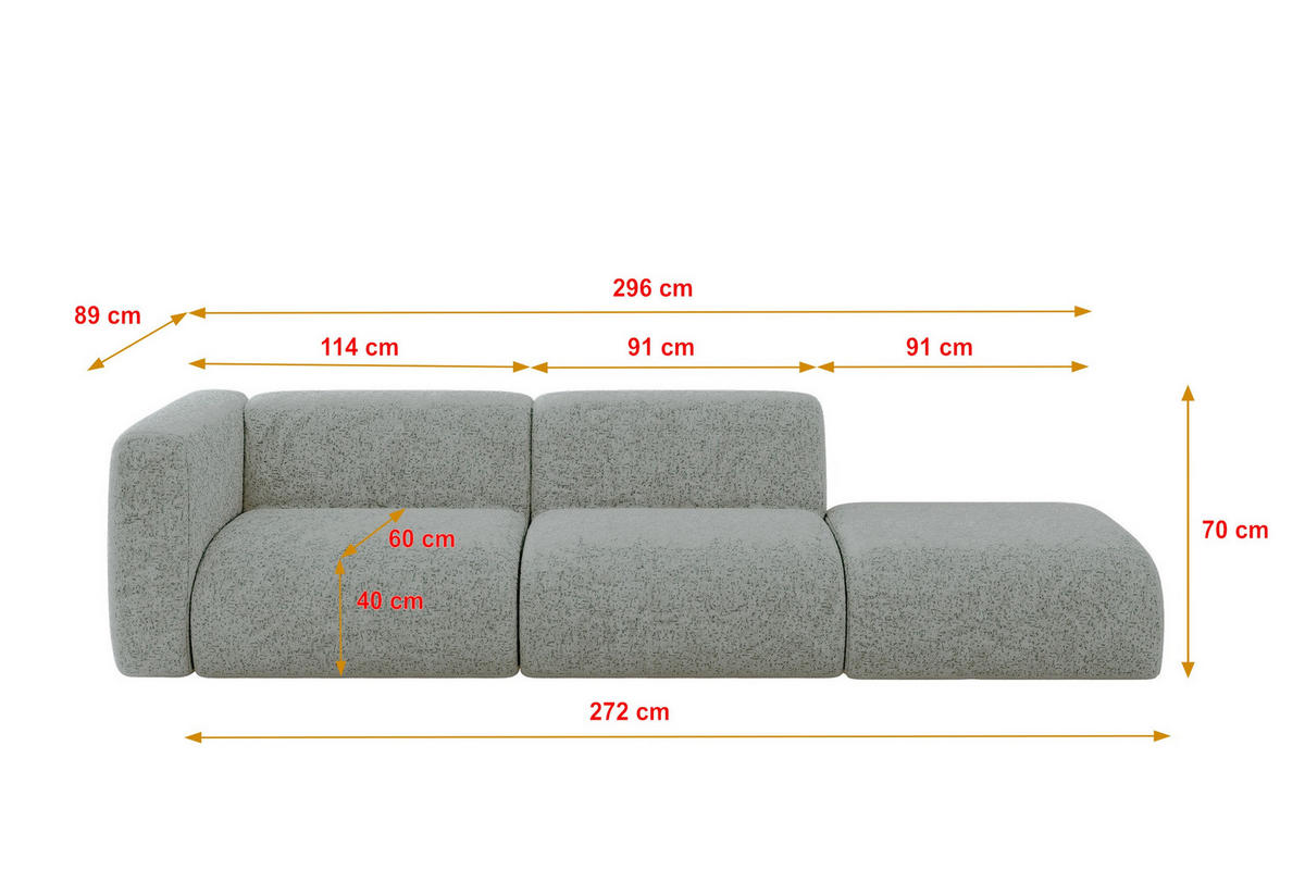 SOFA Ottomane Links MIRA-S3 296x89x70 Grün Velours - Schwarz/Hellgrün, Holzwerkstoff/Kunststoff (296/70/89cm) - ALTDECOR